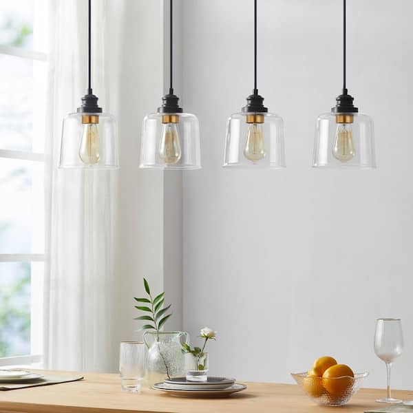 37 in. 4-Light Bronze Farmhouse Kitchen Island Pendant Light with Drum Glass Shade