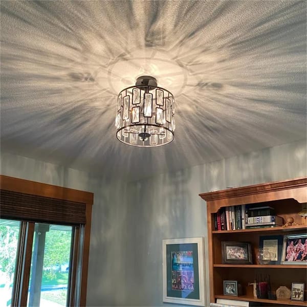 13.5 in. 4-Light Black Semi Flush Mount with Clear Crystals