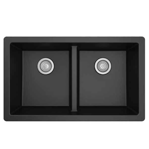 Quartz Black 32 in. 50/50 Double Bowl Composite Undermount Kitchen Sink