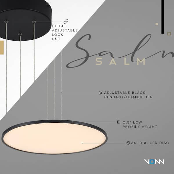 Salm 48.55-Watt ETL Certified Integrated LED Black Height Adjustable Chandelier with 24 in. Wide LED Disk Pendant