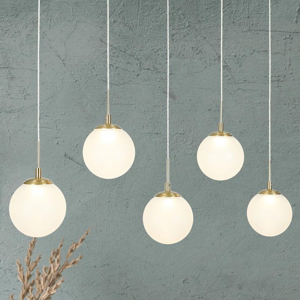 Swane Modern 31.5 in. 5-Light Integrated LED Brass Linear Chandelier Lighting, Globe Frosted Glass Pendant Light Fixture