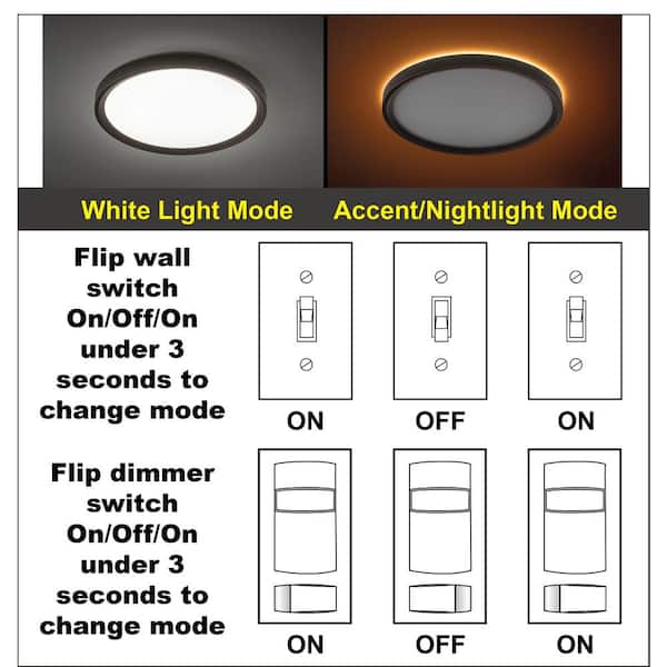 13 in. White, Oil Rubbed Bronze Trims 1350 Lumens LED Flush Mount Ceiling Light Fixture with Night Light Adjustable CCT