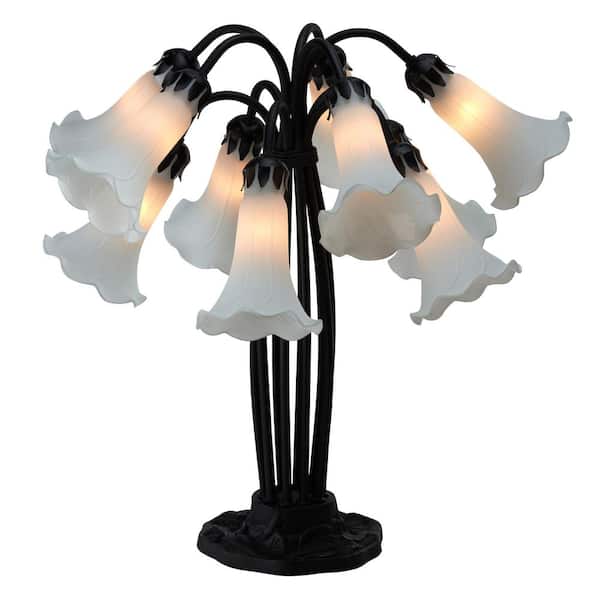 Flora 21 in. Black Metal Table Lamp with White Glass Bell Shades