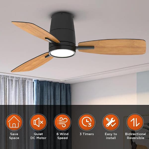 42 in. LED Indoor Black Flush Mount Ceiling fan with Light and Remote Reversible DC Motor and Blades for Home