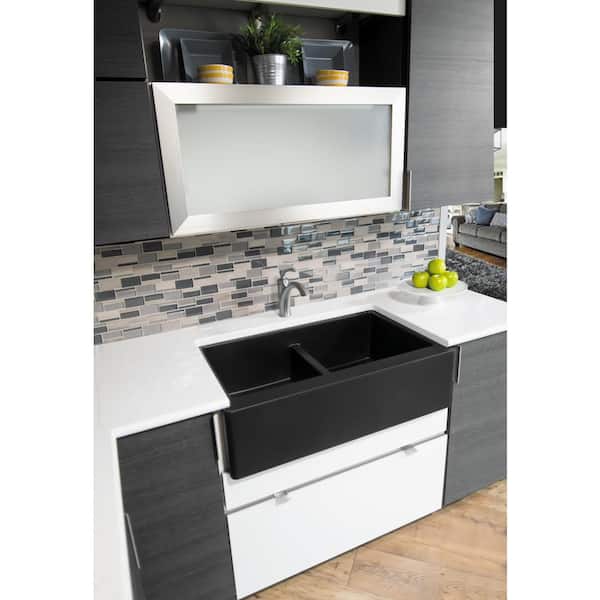 Farmhouse Apron Front Quartz Composite 34 in. Double Bowl Kitchen Sink in Black