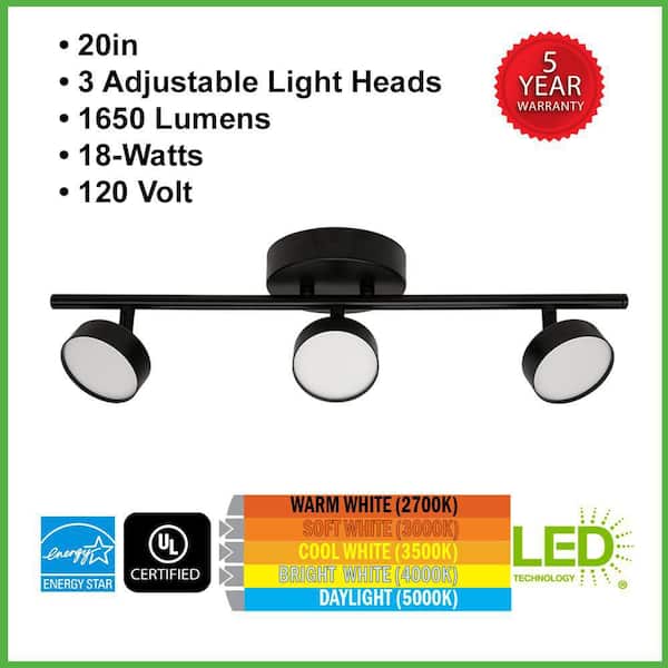 20 in. 3-Light Matte Black Adjustable Color Temperature and Heads Integrated LED Fixed Track Lighting Kit