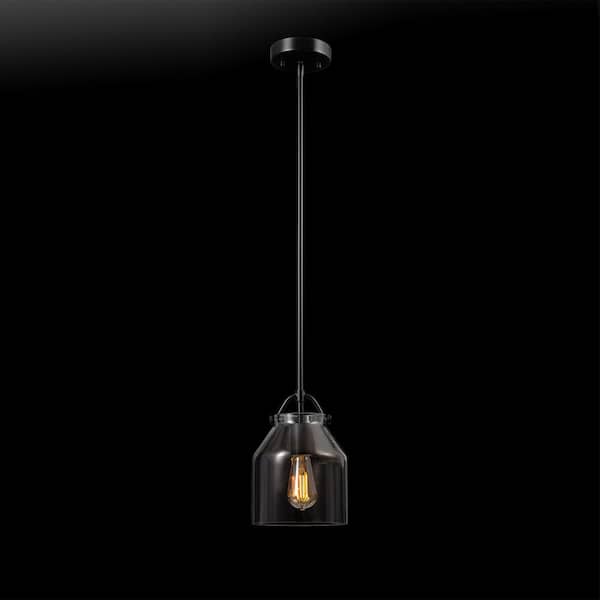 1-Light Matte Black Shaded Pendant Light with Clear Glass Shade