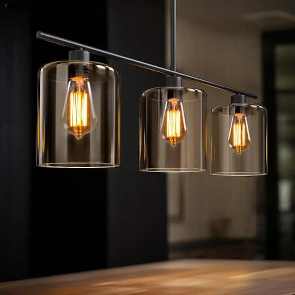 3-Light Matte Black Modern Kitchen Island Light fixtures,Linear Chandelier Pendant Hanging Light with Clear Glass Shade