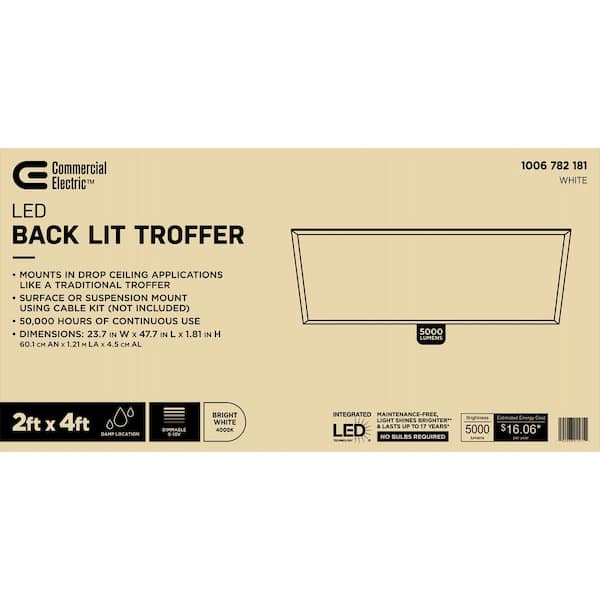2 ft. x 4 ft. White Integrated LED Flat Panel Troffer Light Fixture at 5000 Lumens, 4000K Bright White
