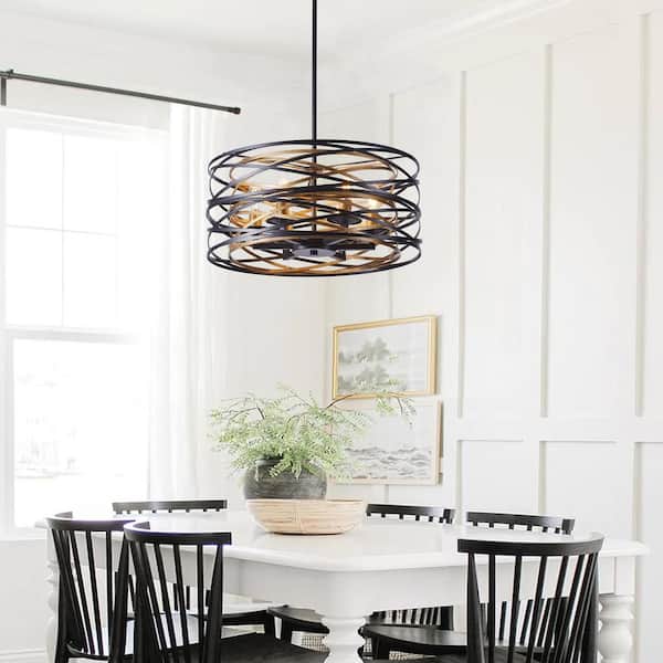 Industrial 6-Light Drum Black Cage Chandelier Farmhouse Metal Hanging Light Fixture