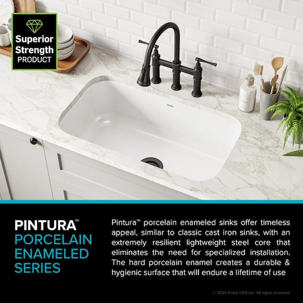 Pintura 31 1/2-inch 16 Gauge Undermount Single Bowl Enameled Steel Kitchen Sink in White