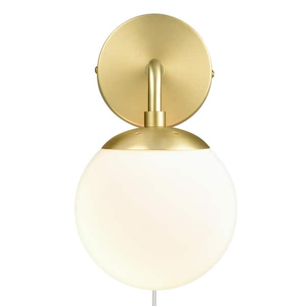 Greta 4.75 in. Brushed Brass/White Globe Plug-In Wall Sconce with Glass Shade