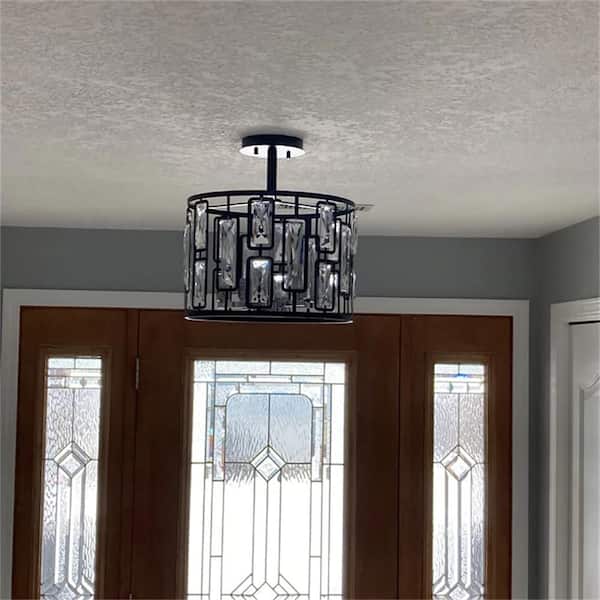 13.5 in. 4-Light Black Semi Flush Mount with Clear Crystals