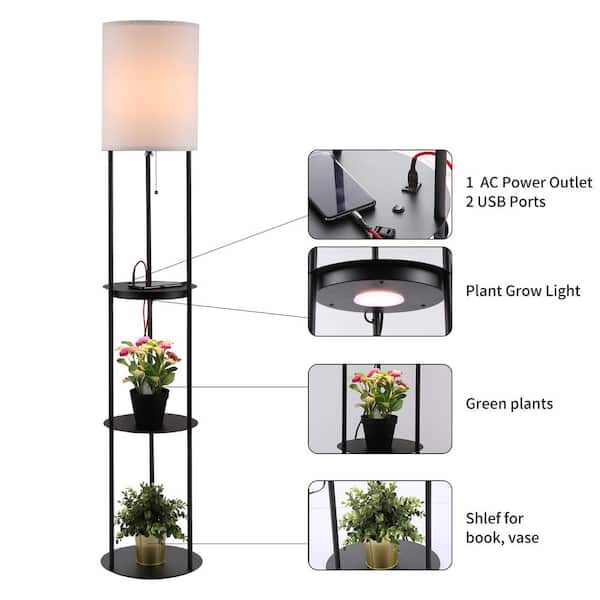 63 in. Round Floor Lamp with Shelves, Black Bookshelf Lamp with 2 USB Ports