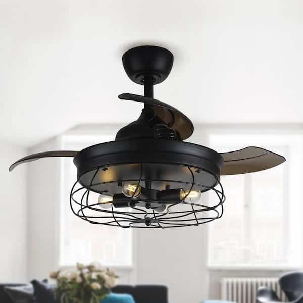 36 in. Downrod Mount Retractable 3-Blade Black Ceiling Fan with Light Kit and Remote Control