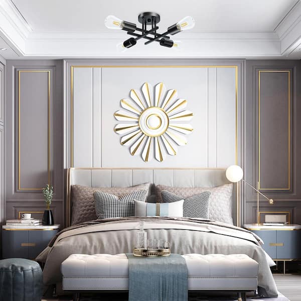 14 in. 4-Light Modern Sputnik Linear Black Metal Semi- Flush Mount Ceiling Lights Fixture Sputnik Chandelier Light