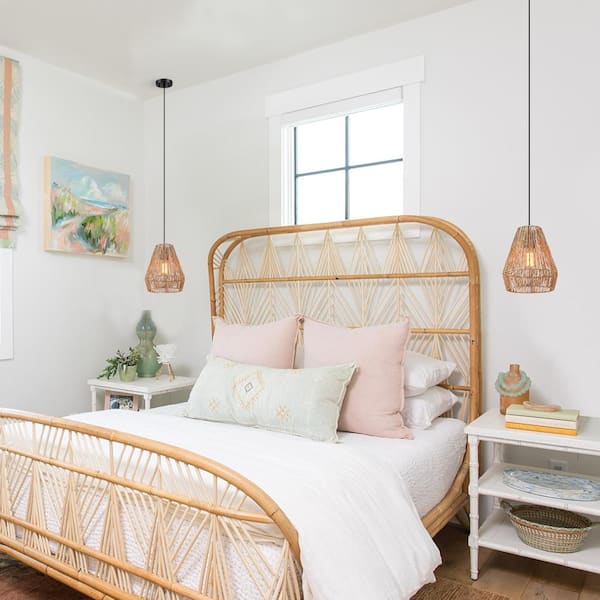 1-Light Bohemian Natural Jute Rope Island Mini Pendant Light with Black Hardware