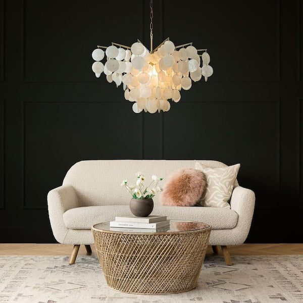 6-Light 29.5 in. Cone Shape 5-Tiers Coastal Capiz Shells Chandelier With Antique Gold Metal