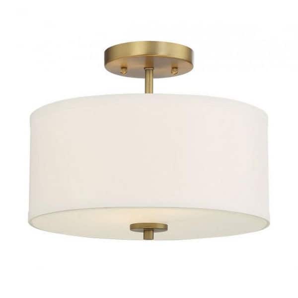Meridian 13 in. W x 10 in. H 2-Light Natural Brass Semi-Flush Mount Ceiling Light with White Fabric Shade