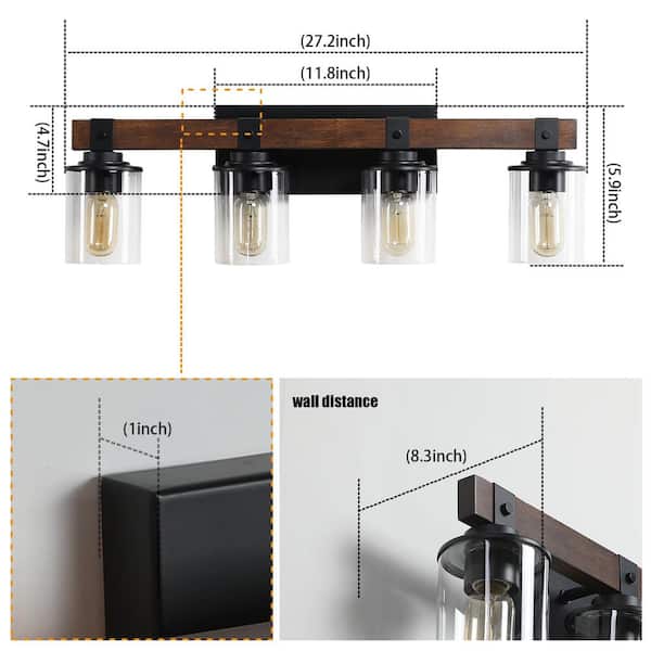 Farmhouse 4-Light Walnut and Black Wall Sconce Vanity Lights
