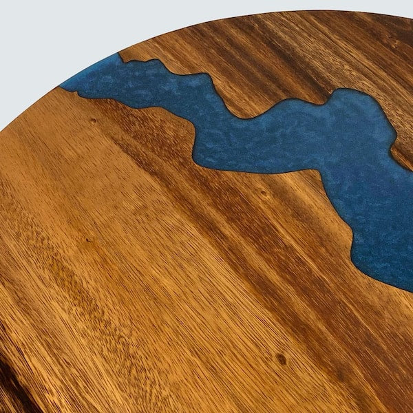 2 ft. L x 24 in. D UV Finished Saman Solid Wood Butcher Block Circular Countertop With Eased Edge and Blue Epoxy River