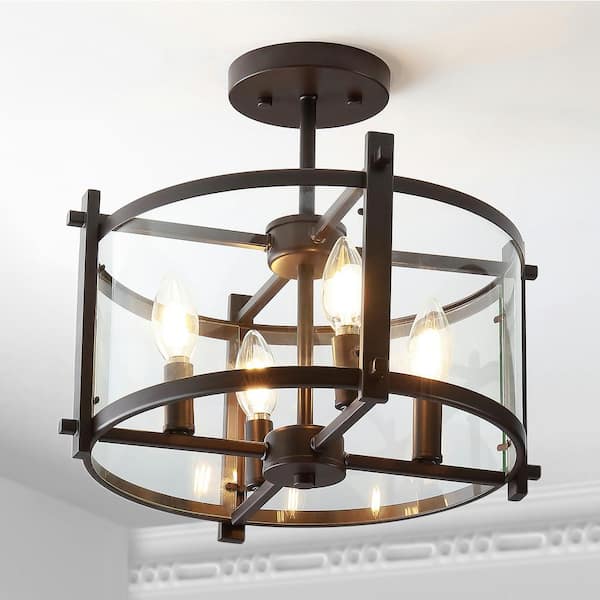 Hampdon 15 in. Oil Rubbed Bronze Iron/Glass Modern Drum LED Flush Mount