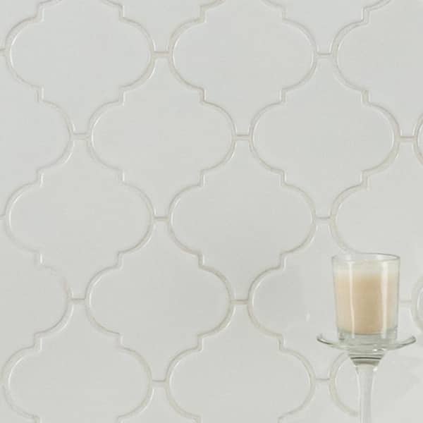 Whisper White Arabesque 10-1/2 in. x 15-1/2 in. x 8 mm Glossy Ceramic Mesh-Mounted Mosaic Wall Tile (11.7 sq. ft. /case)