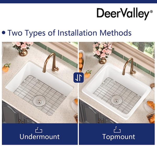 Glen White Rectangular Fireclay 24 in. Single Bowl Undermount/Drop-In Kitchen Sink with Basket Strainer and Sink Grid