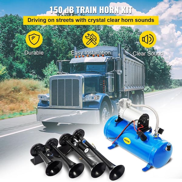 Train Horn Kit 4 Trumpet 12-Volt Train Air Compressor 150 Decibels with 1.6 Gal. Tank 150 PSI for Truck Car Motocycle