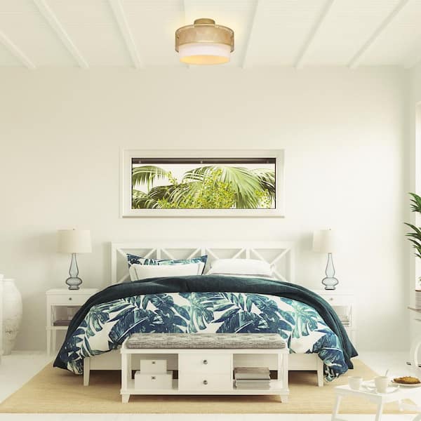 Sloane 13.125 in. Dual-Light Gold-Tone Semi-Flush Mount with White Fabric Drum Shade