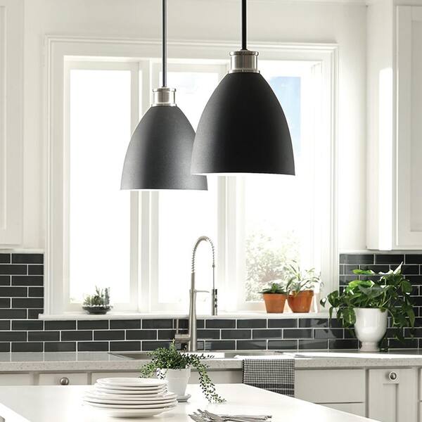 Varus 10.5 in. W 1-Light Matte Black Metal Modern Industrial Pendant with Brushed Nickel Accent and White Inner Shade