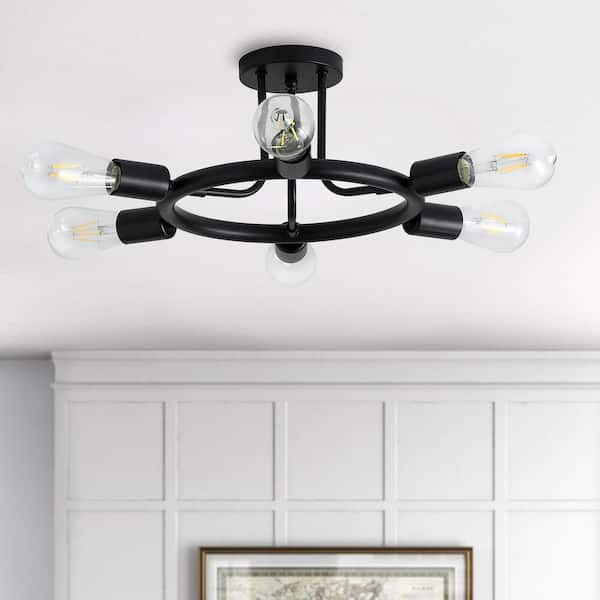 Modern 26 in. 6-Lights Black Sputnik Linear Semi-Flush Mount Ceiling Light Fixture