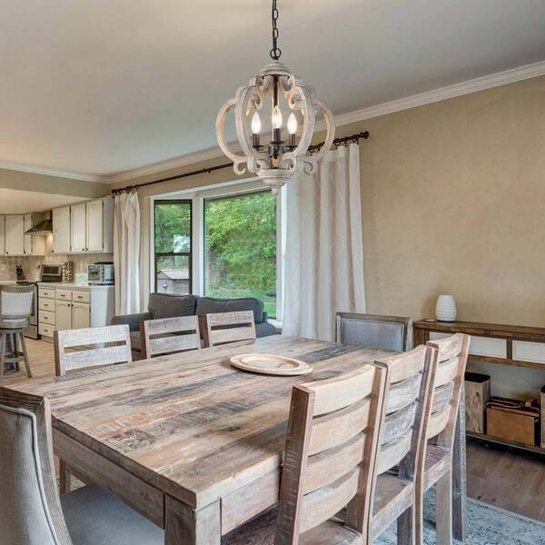 Globe Wood Chandelier Washed Gray Round Pendant 3-Light Farmhouse Candlestick Chandelier Rustic Hanging Lantern