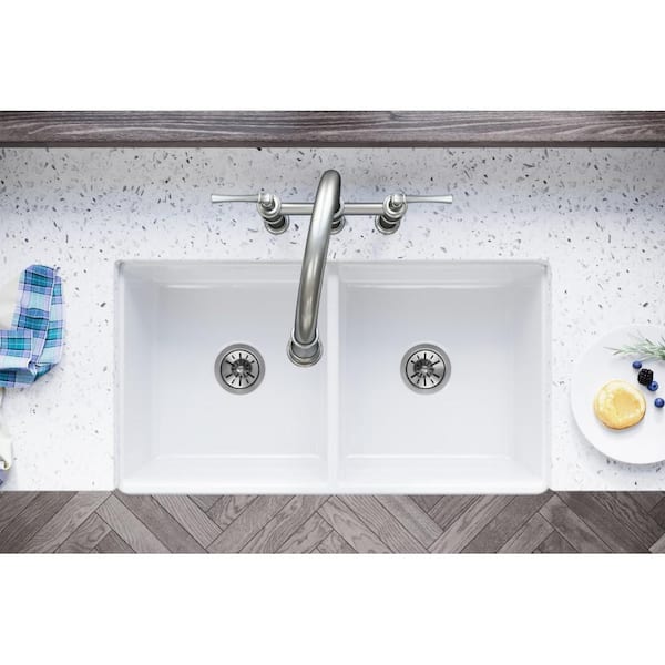Burnham White Fireclay 33 in. Double Bowl Farmhouse Apron Kitchen Sink