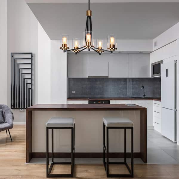 5-Light Modern Brass Gold Round Chandelier Lighting, Clear Glass Pendant Light Black Hanging Light