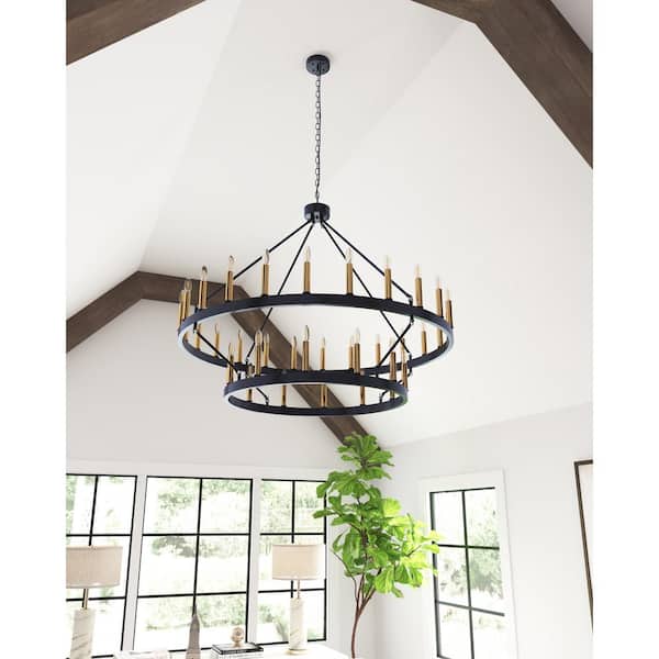 36-Light Black 2-Tiers Candle Style Wagon Wheel Chandelier