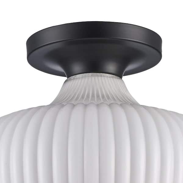 Aristo 12 in. 1-Light Black Semi-Flush Mount Ceiling Light Fixture with White Ribbed Glass Shade