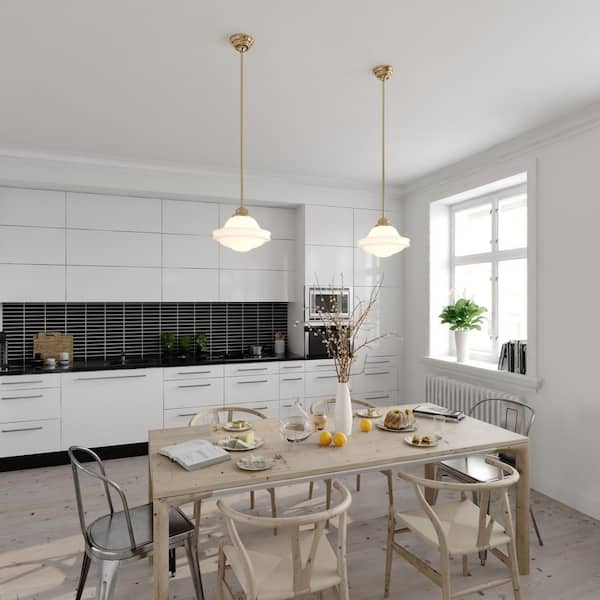 Huntley 1-Light Natural Brass Farmhouse Schoolhouse Pendant White Glass