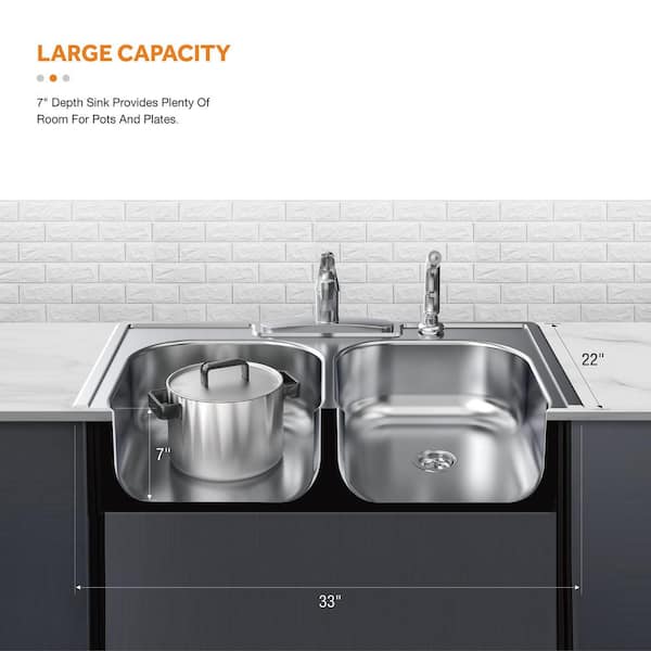 Drop-In Stainless Steel 33 in. 4-Hole Double Bowl Kitchen Sink