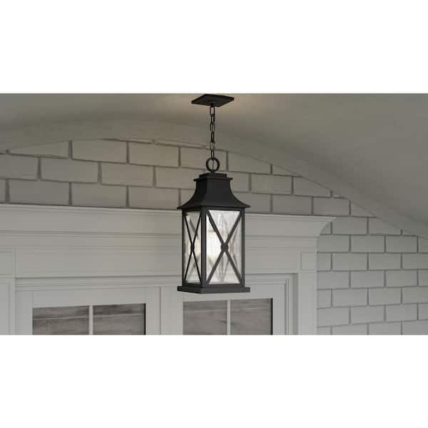Ellerbee 8.5 in. 1-Light Mottled Black Outdoor Pendant-Light with Clear Seeded Glass