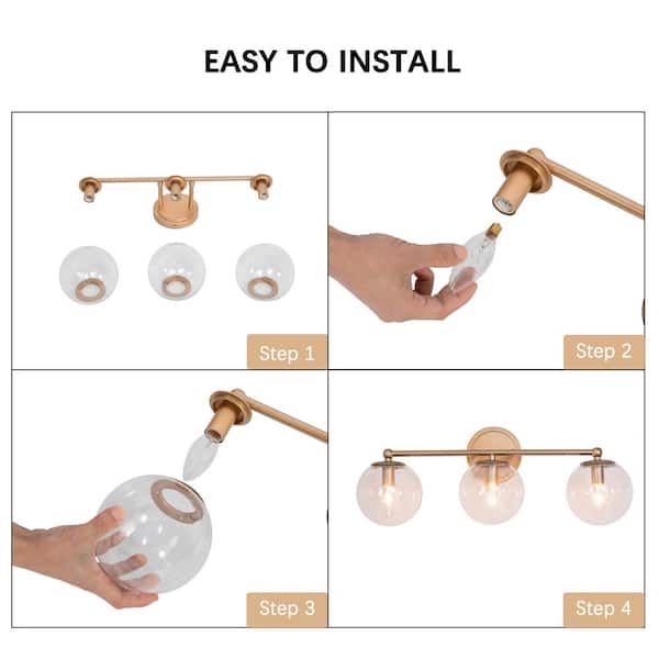 Mid-Century Modern Globe Bathroom Vanity Light 3-Light Brass Gold Round Wall Light with Clear Glass Shades