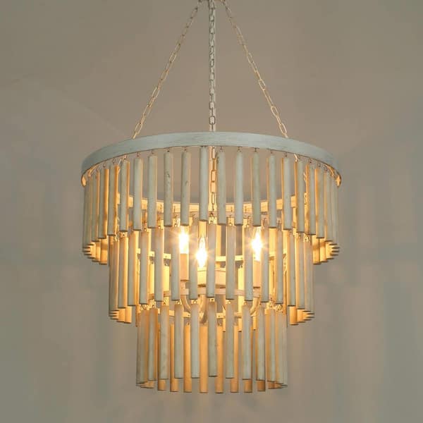 Modern 18.5 in. 3-Light Antique White Wooden Chandelier, Coastal Bedroom Chandelier, Farmhouse Hanging Pendant Light