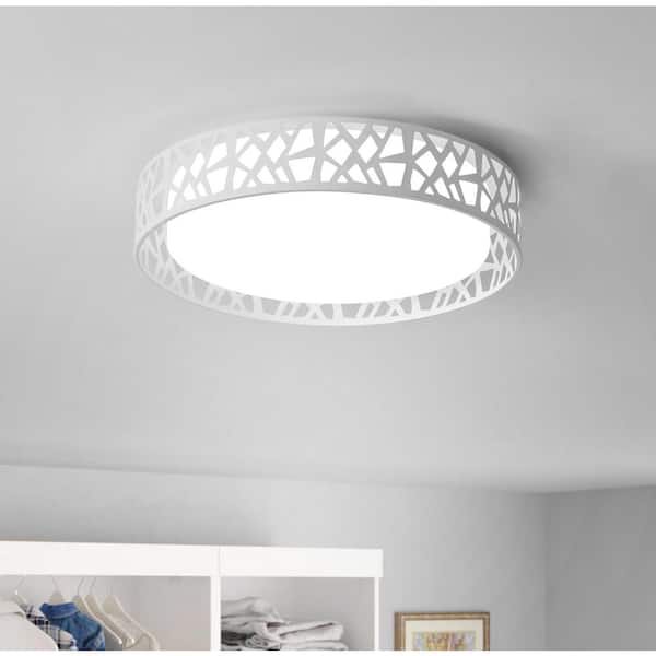 18.5 in. 1-Light White Smart Drum 20-Watt LED Flush Mount Painted White Finished Ceiling Lighting