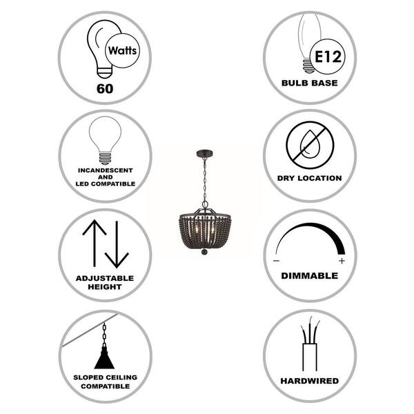 4-Light Black Beaded Chandelier Light Fixture with Hanging Beaded Shade