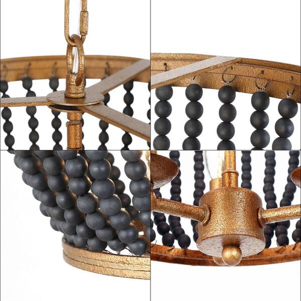 Modern Drum Dining Room Chandelier Light 3-Light Antique Gold Round Chandelier with Black Wooden Beads