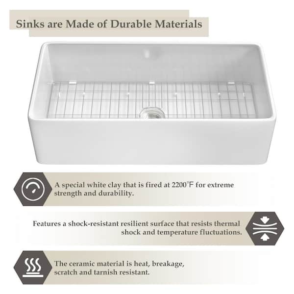 White Fireclay 36 in. Single Bowl Farmhouse Apron Kitchen Sink with Bottom Grid and Basket Strainer