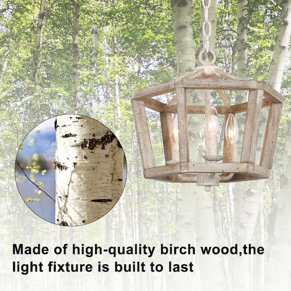 Farmhouse Gray Geometric Wood Lantern Candlestick Chandelier, Coastal 3-Light Drum Island Country Dining Pendant Light