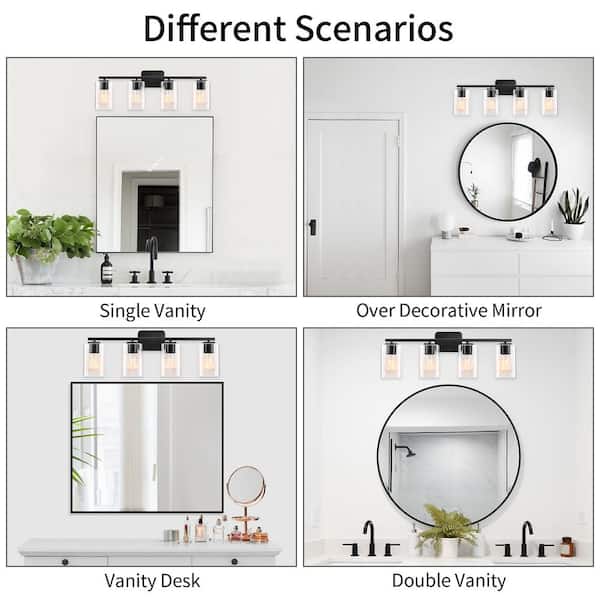 29 in. 4-Light Black Vanity Light with Square Glass Shades