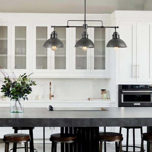 3-Light Industrial Black Dome Island Chandelier Modern Farmhouse Linear Barn Pendant with Rustic Brushed Gray Shades