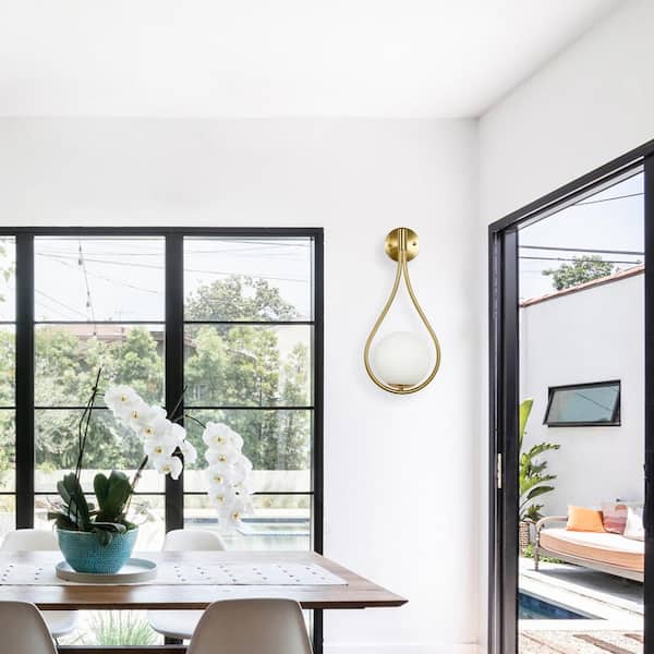 7.87 in. 1-Light Mid-Century Water Drop Design Gold Wall Sconce with Global Frosted Glass Shade for Bedroom Bedsides